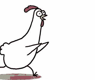 a cartoon of a chicken surrounded by bubbles and exclamation marks