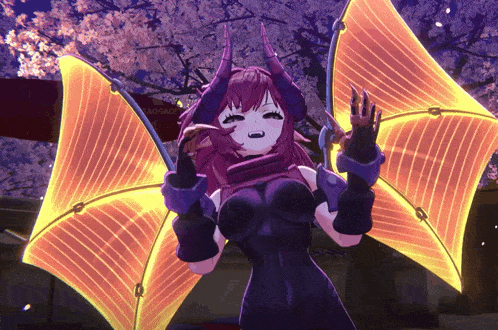 a girl with horns and wings is standing in front of a sign that says ' aogami ' on it