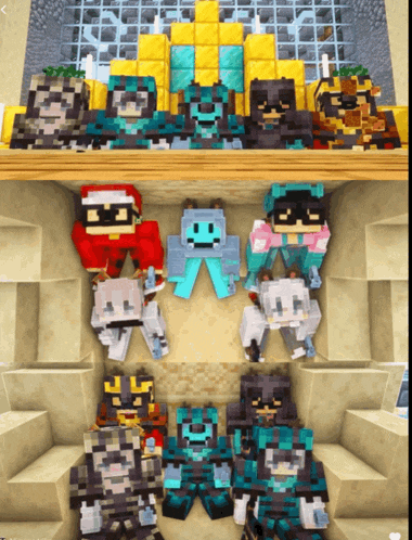 a group of minecraft characters are sitting on a shelf