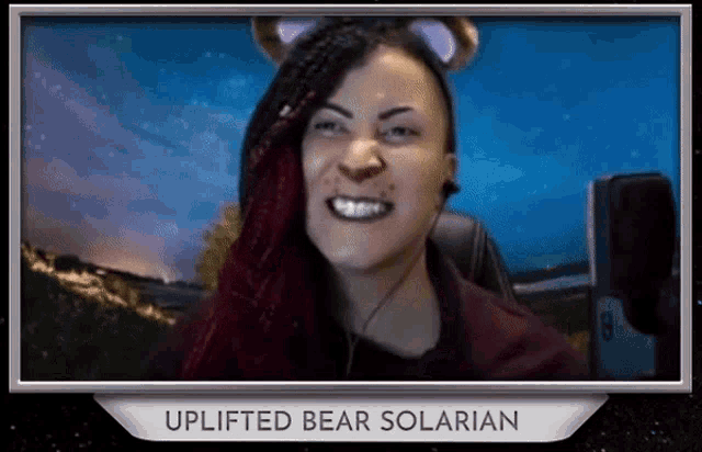 a picture of a woman with a caption that says uplifted bear solarian on it