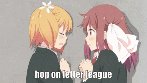 a picture of two girls with the words hop on letter league