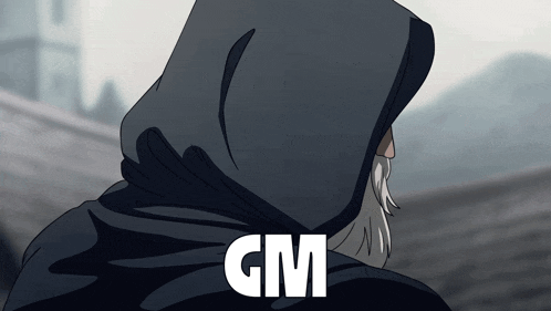 a man with a hood and the word gm on the back
