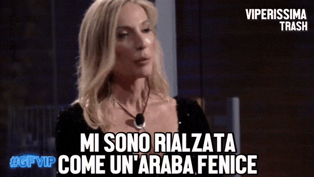 a woman in a black dress says " mi sono rialzata come un'araba fenice "