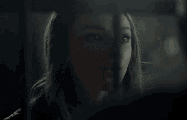 a close up of a woman 's face with a blurred background