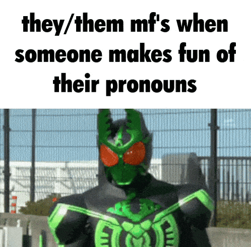 a picture of a superhero with the words they / them mfs when someone makes fun of their pronoun