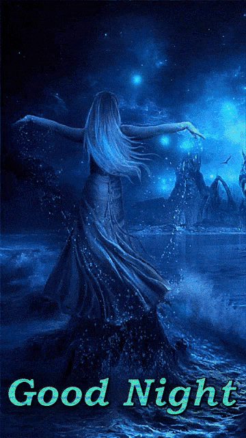 a painting of a woman in the ocean with the words good night written below her