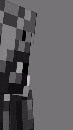 a black and white image of a minecraft character with a gray background