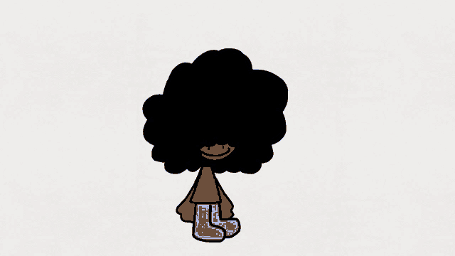 a cartoon character with a big afro and purple shirt and blue pants is smiling .