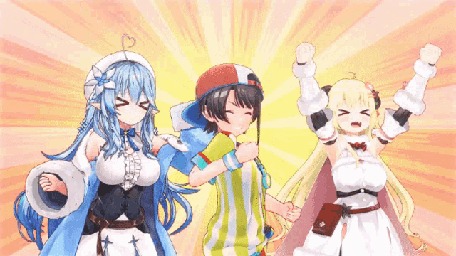 a group of anime characters are standing next to each other with their arms in the air