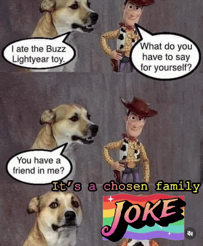 a picture of a dog talking to a toy story character