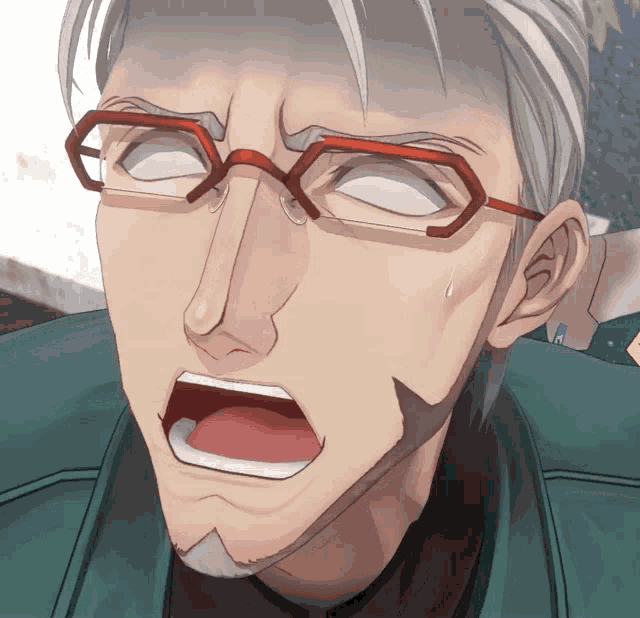 a man with glasses has his mouth open and his eyes closed