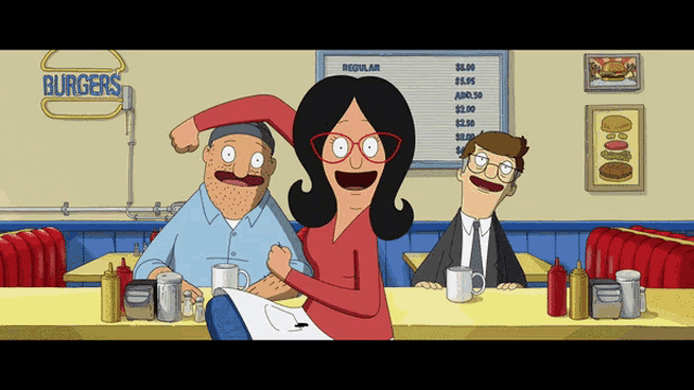 bob 's burgers characters sitting at a table in front of a sign that says regular