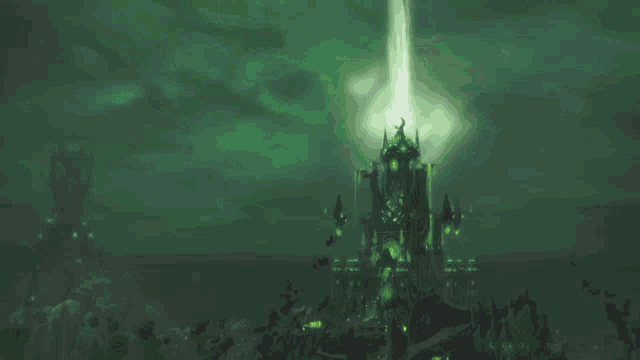 a painting of a man looking at a tower with green lights coming from it