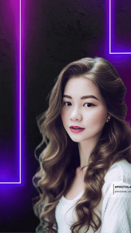 a woman with long hair is standing in front of a purple neon light