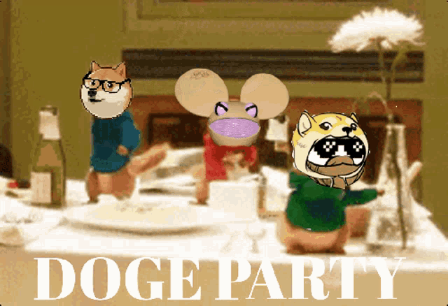 a picture of a doge party with a doge and a mouse
