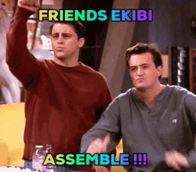 two men are standing next to each other with the words friends ekibi assemble written on the bottom