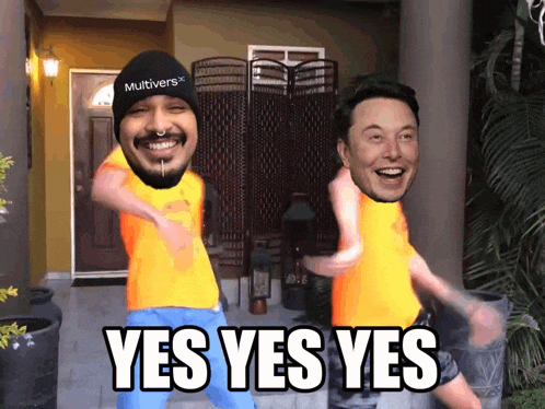 elon musk and a man in a yellow shirt say yes