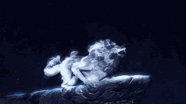 a white wolf is howling in the night sky