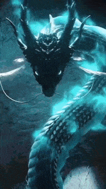 a dragon with a long tail and horns is glowing in the dark