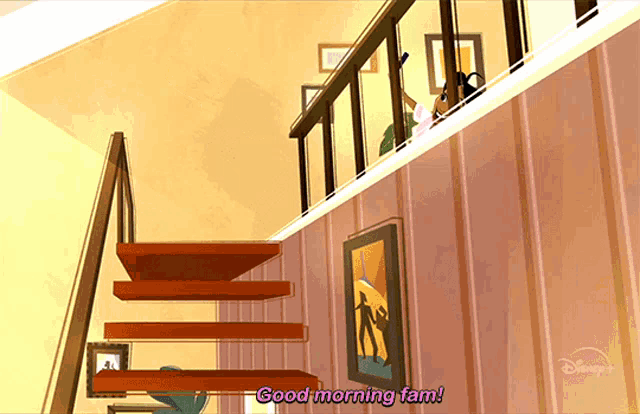 a staircase in a house with the words good morning tam on the bottom