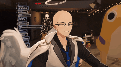 a bald man with glasses and an angel ring on his head stands in front of a christmas tree