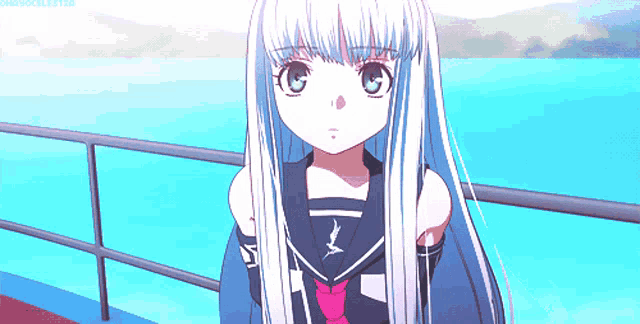 a girl with long white hair stands in front of a lake