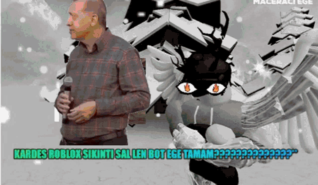 a man in a plaid shirt is holding a microphone in front of a cartoon drawing of a cat with fire eyes .