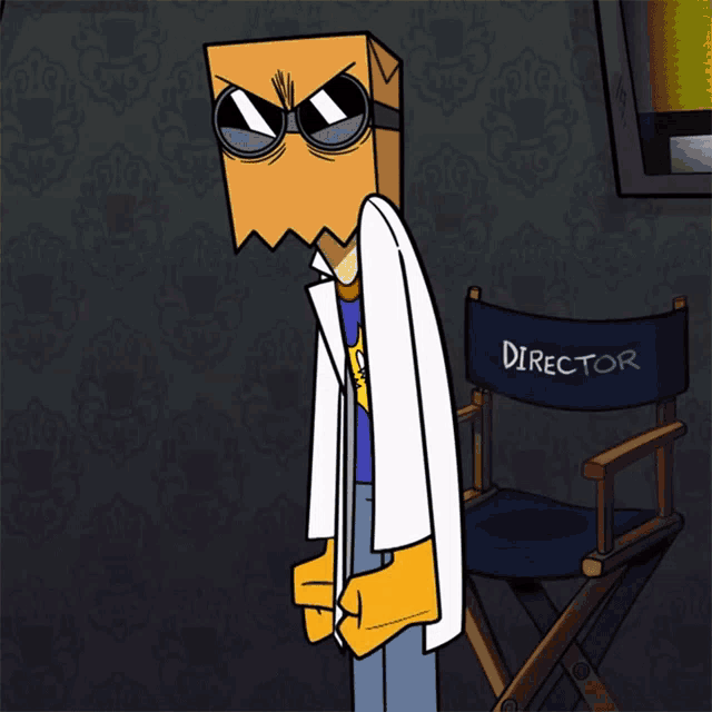 a cartoon character with a paper bag on his head is standing next to a director 's chair
