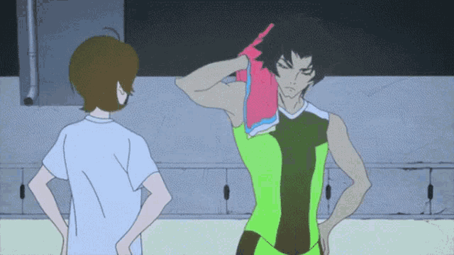 two anime characters are standing next to each other and one has a towel on his shoulder