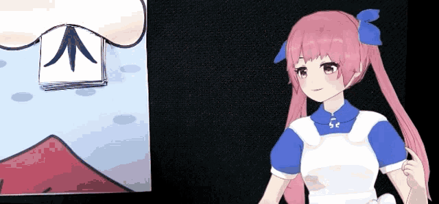 a girl with pink hair and a blue bow stands in front of a drawing