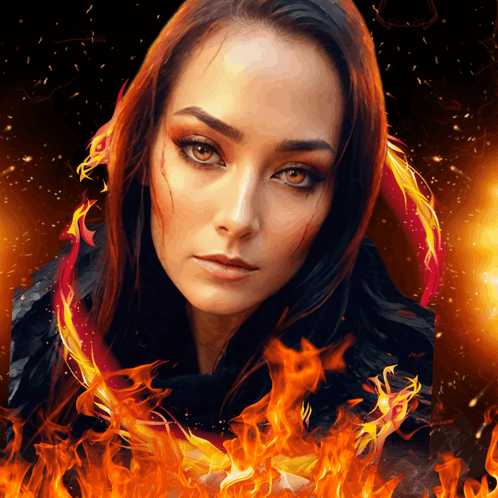 a painting of a woman surrounded by flames