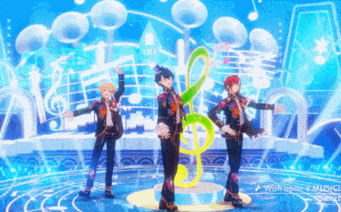 three anime characters are dancing on a stage with the words wish upon a music switch in the corner