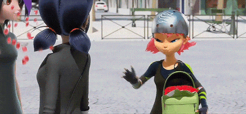 a girl with pink hair is holding a green purse and waving at another girl