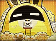 a cartoon drawing of a yellow rabbit with a sign on its face .