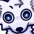 a close up of a cartoon character 's face with blue eyes and a surprised expression .