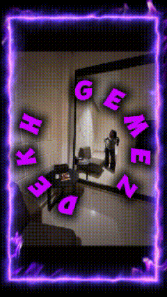 a picture of a living room with a purple glowing frame that says " gemeins " on it