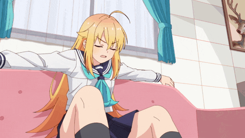 a girl in a school uniform is sitting on a pink couch