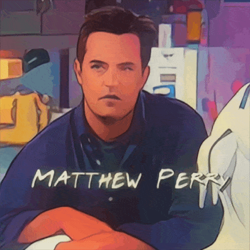 a cartoon of matthew perry sitting in a room