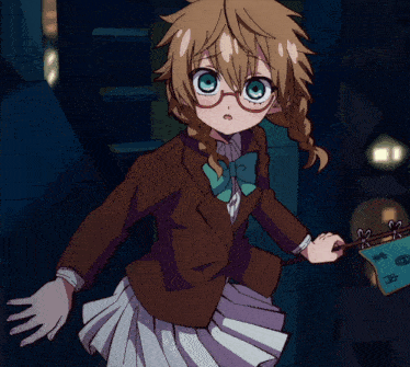 a girl with braids and glasses is holding a piece of paper that says ' snk ' on it