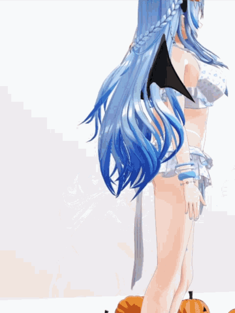 a girl with blue hair is standing in front of a pumpkin