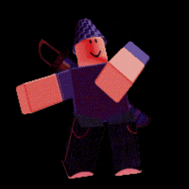 a cartoon character with red arms and a purple hat