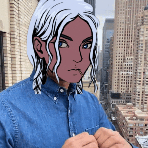 a man in a denim shirt with a drawing of a woman on his face