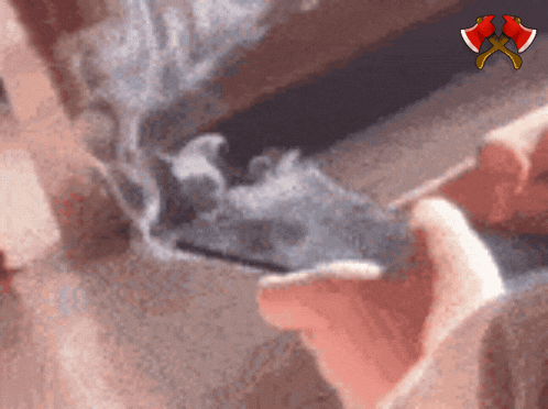 a close up of a person smoking a cigarette with an axe on the bottom right