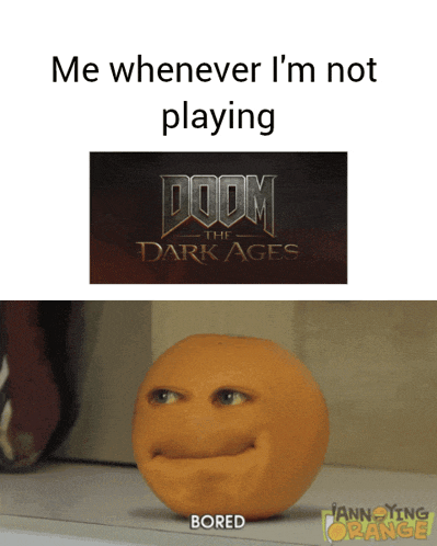 an orange with a face is next to a doom logo