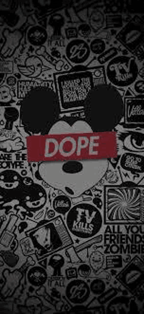 a black and white mickey mouse with a red dope sign on his head .