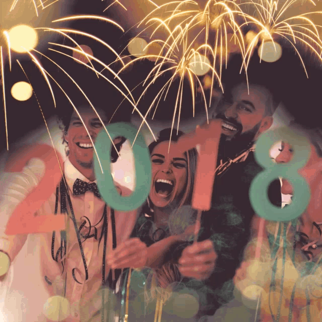 a group of people are celebrating the new year with fireworks and the year 2018