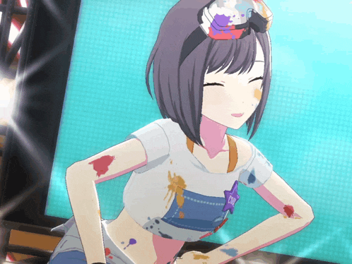 a girl wearing a white shirt and blue overalls has paint splattered on her body
