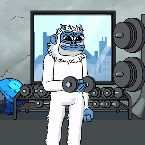 a cartoon of a yeti lifting a dumbbell