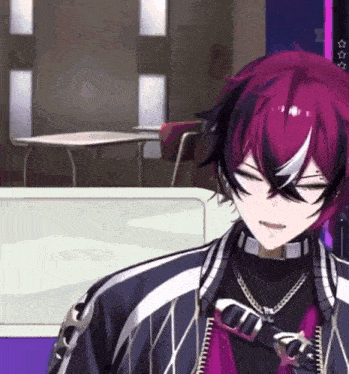a anime character with purple hair and white stripes