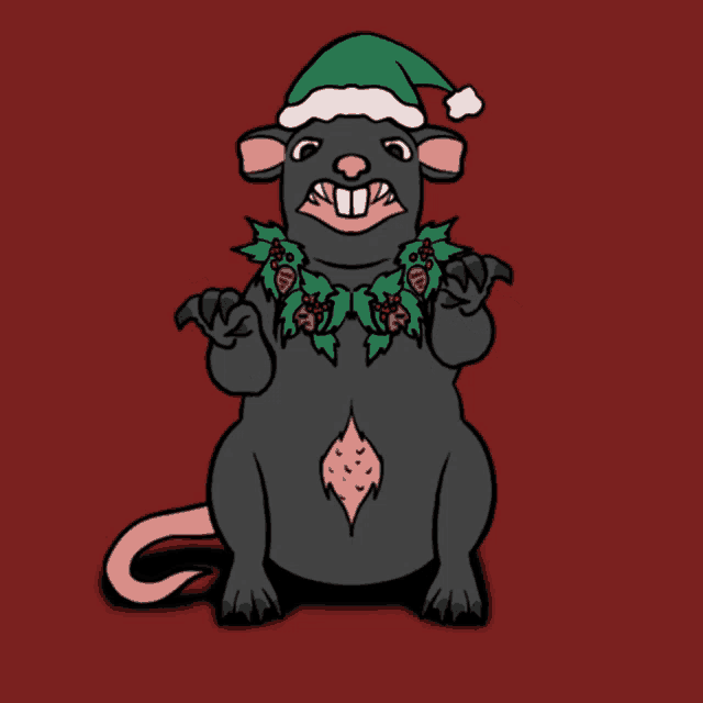 a cartoon rat wearing a santa hat and a christmas wreath